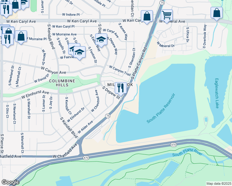 map of restaurants, bars, coffee shops, grocery stores, and more near 7934 South Depew Street in Littleton