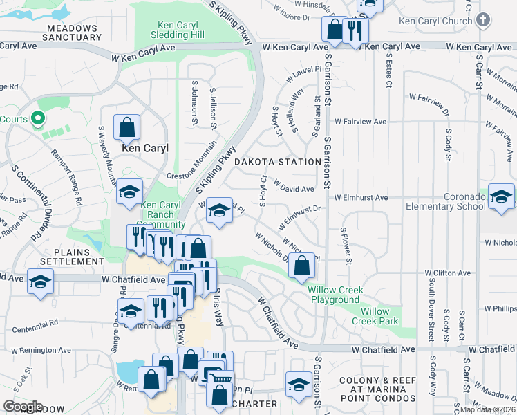 map of restaurants, bars, coffee shops, grocery stores, and more near 7921 South Hoyt Court in Littleton
