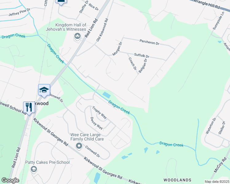 map of restaurants, bars, coffee shops, grocery stores, and more near 78 North Dragon Drive in Bear