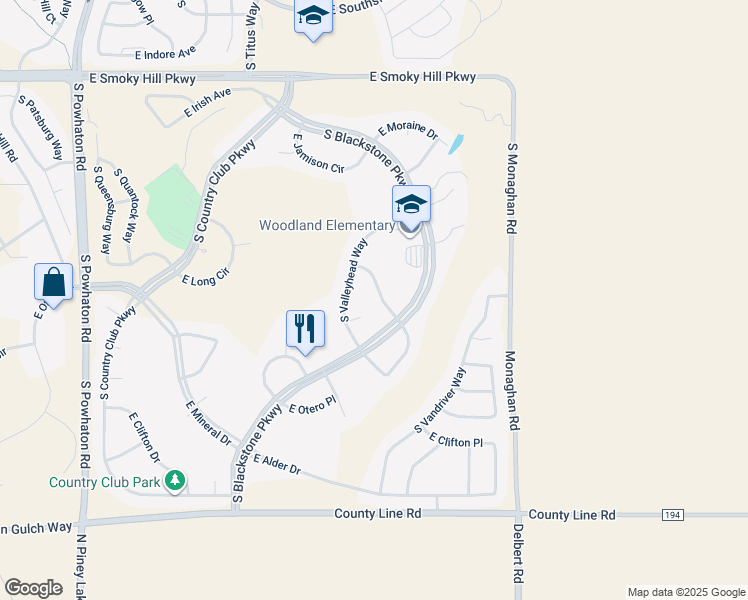 map of restaurants, bars, coffee shops, grocery stores, and more near 27554 East Canyon Place in Aurora