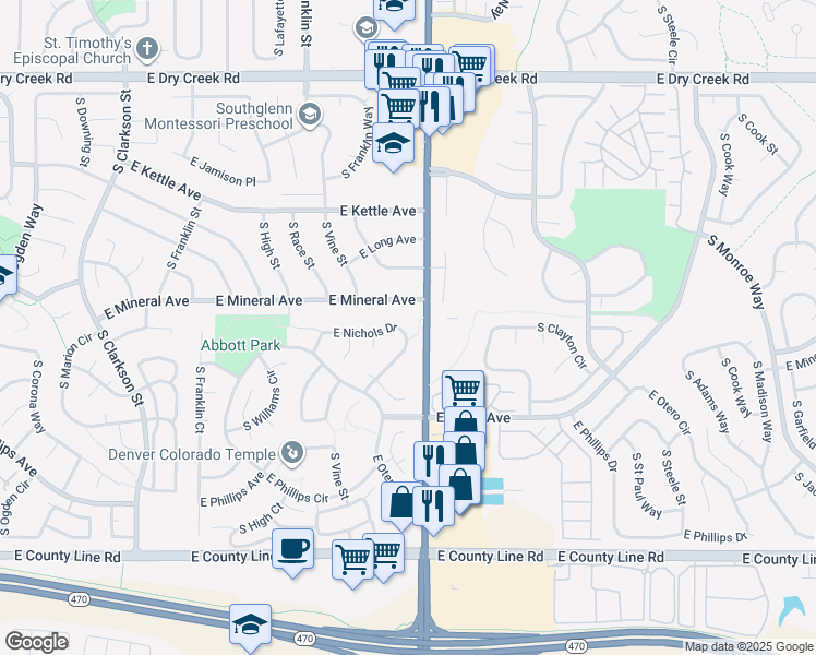 map of restaurants, bars, coffee shops, grocery stores, and more near 2267 East Nichols Drive in Centennial