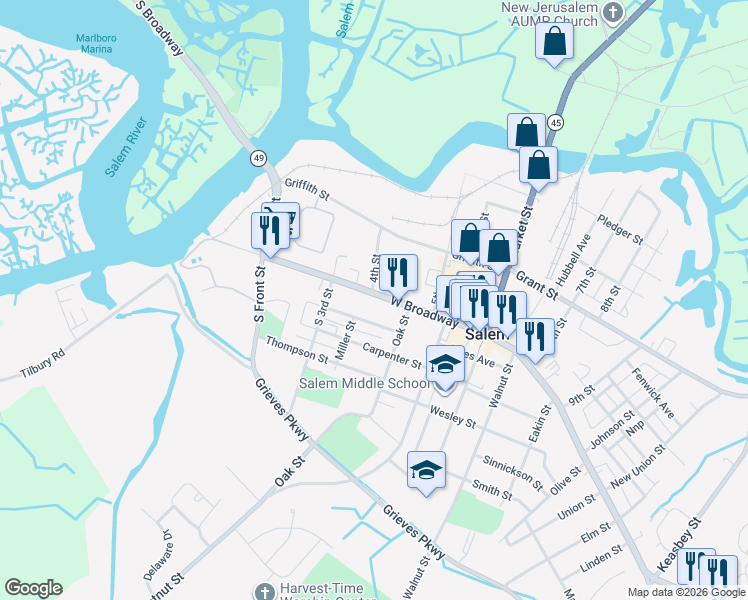 map of restaurants, bars, coffee shops, grocery stores, and more near 99 New Jersey 49 in Salem