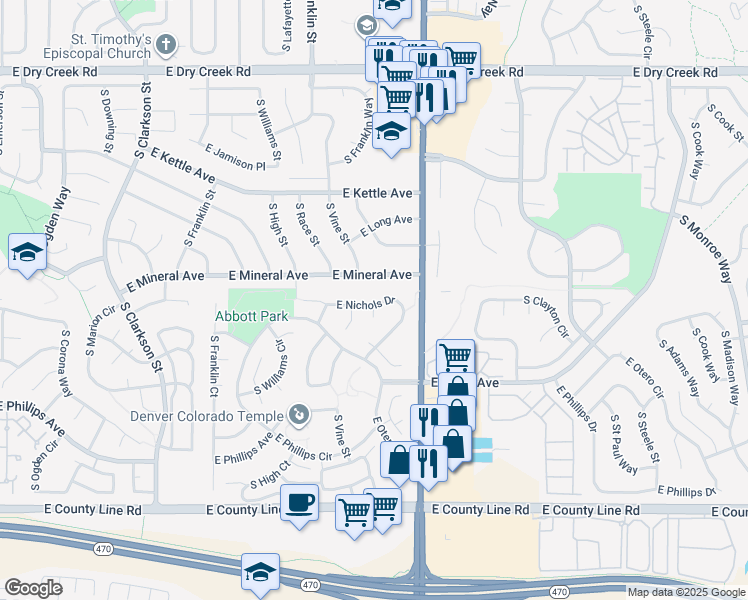 map of restaurants, bars, coffee shops, grocery stores, and more near 2155 East Nichols Drive in Centennial