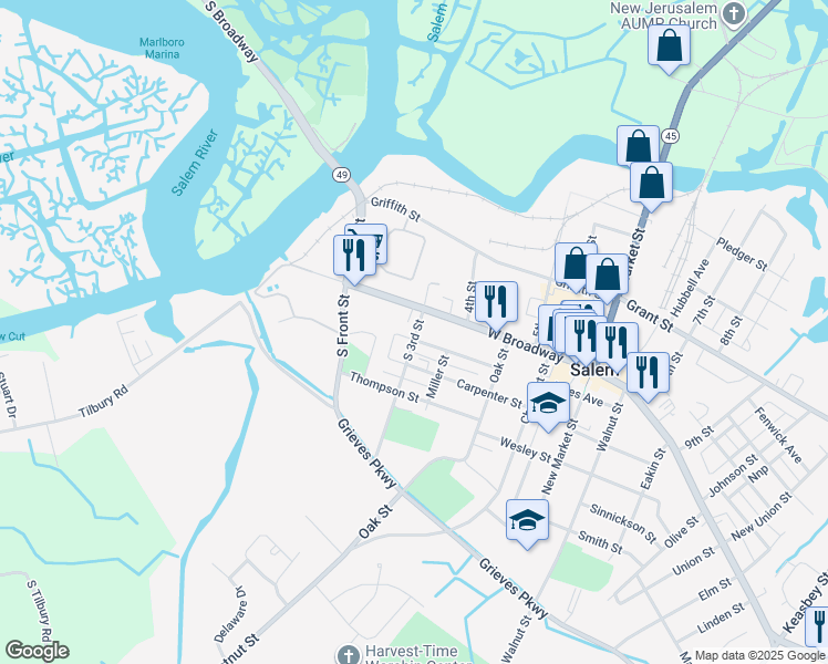 map of restaurants, bars, coffee shops, grocery stores, and more near 5 South 3rd Street in Salem