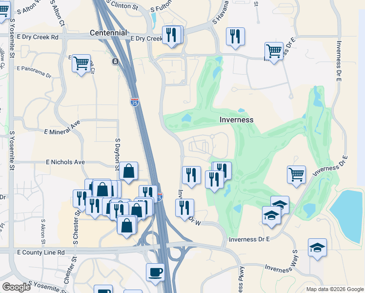 map of restaurants, bars, coffee shops, grocery stores, and more near Inverness Drive West in Inverness