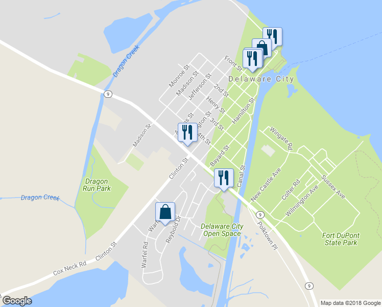 map of restaurants, bars, coffee shops, grocery stores, and more near 480 Clinton Street in Delaware City