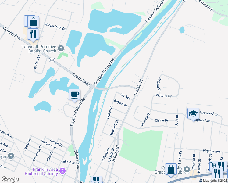 map of restaurants, bars, coffee shops, grocery stores, and more near 617 Bridge St in Franklin