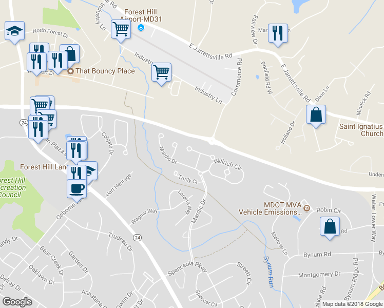 map of restaurants, bars, coffee shops, grocery stores, and more near 2016 Maria Court in Forest Hill