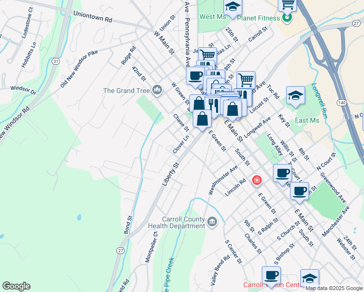 map of restaurants, bars, coffee shops, grocery stores, and more near 33 West George Street in Westminster