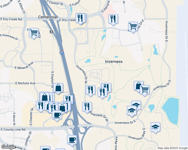 map of restaurants, bars, coffee shops, grocery stores, and more near 10245 Taliesin Drive in Englewood