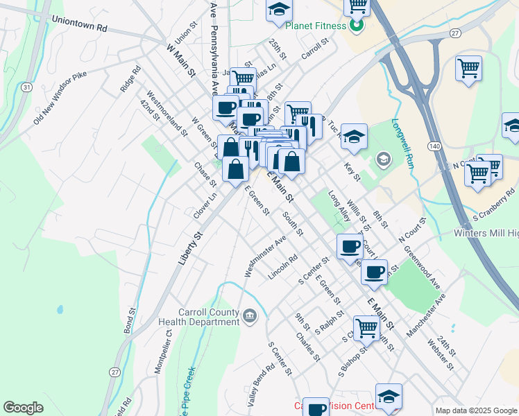 map of restaurants, bars, coffee shops, grocery stores, and more near 14 East Green Street in Westminster