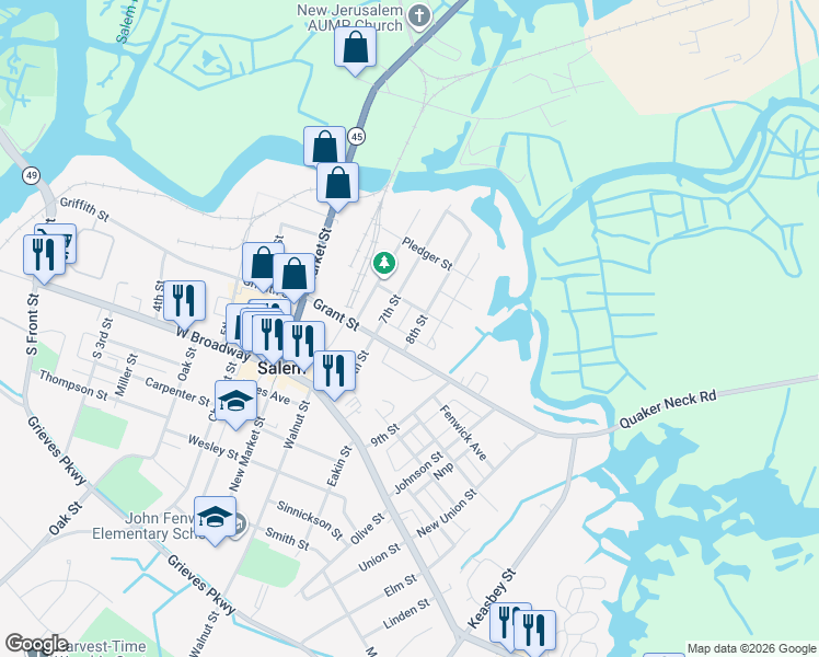 map of restaurants, bars, coffee shops, grocery stores, and more near 115 8th Street in Salem