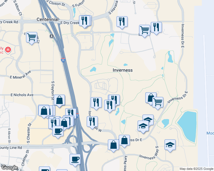 map of restaurants, bars, coffee shops, grocery stores, and more near 10295 Taliesin Drive in Englewood