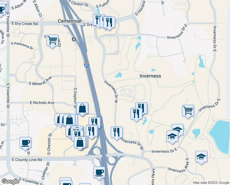 map of restaurants, bars, coffee shops, grocery stores, and more near 188 Inverness Drive West in Englewood