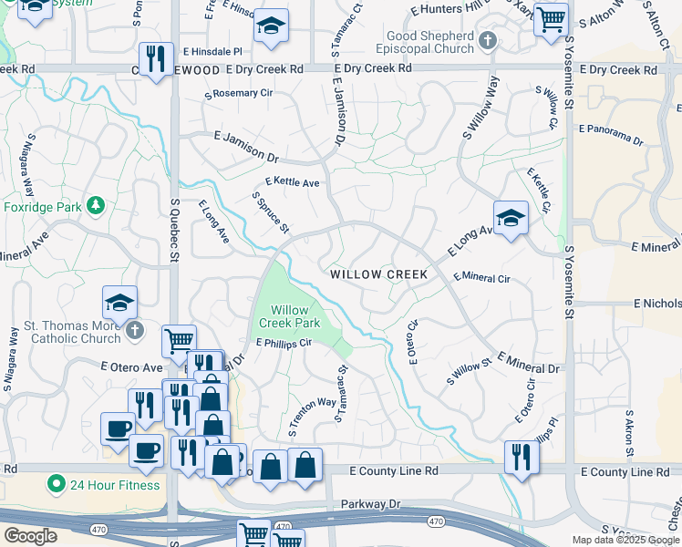 map of restaurants, bars, coffee shops, grocery stores, and more near 7944 South Trenton Street in Centennial