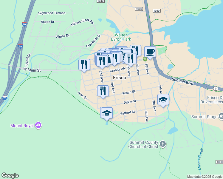 map of restaurants, bars, coffee shops, grocery stores, and more near 301 Frisco Street in Frisco
