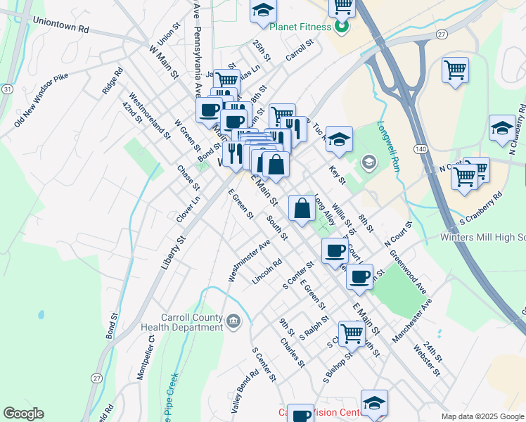 map of restaurants, bars, coffee shops, grocery stores, and more near 15200 South Street in Westminster