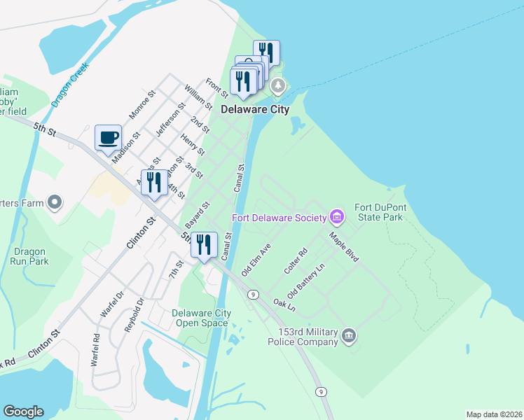 map of restaurants, bars, coffee shops, grocery stores, and more near 916 Reynolds Street in Delaware City