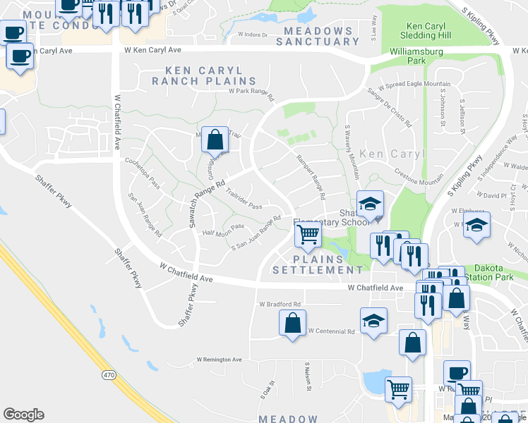 map of restaurants, bars, coffee shops, grocery stores, and more near 10822 Trailrider Pass in Littleton