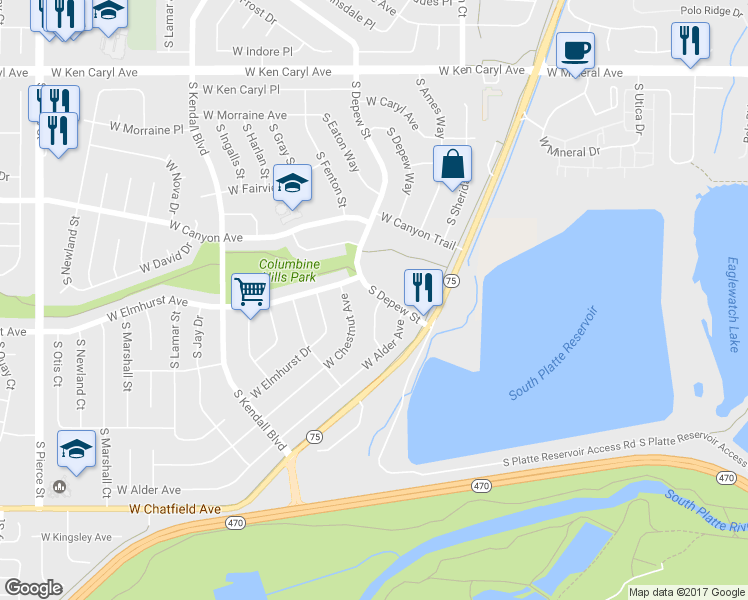 map of restaurants, bars, coffee shops, grocery stores, and more near 5609 West Alder Way in Littleton
