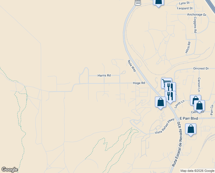 map of restaurants, bars, coffee shops, grocery stores, and more near 500 Hoge Road in Reno