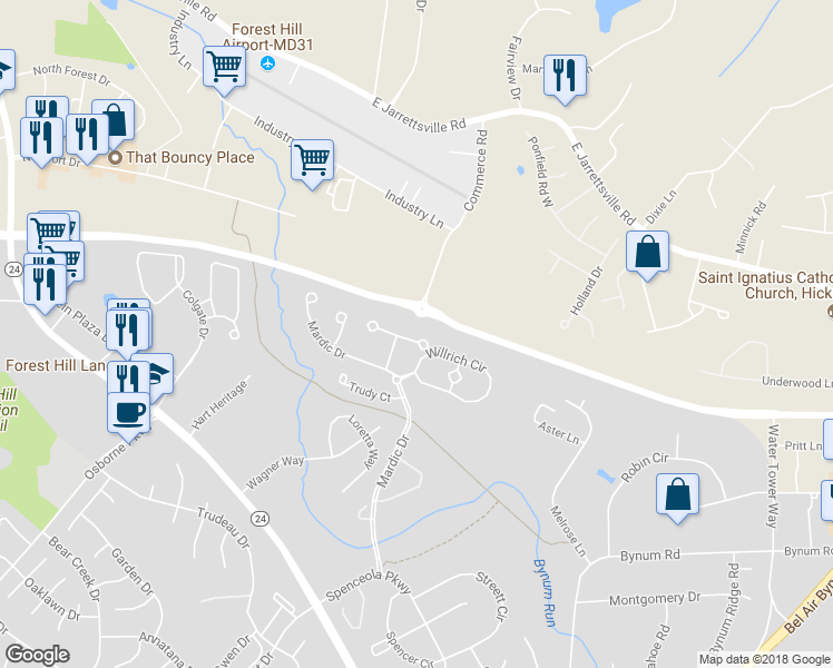 map of restaurants, bars, coffee shops, grocery stores, and more near 1989 Esther Court in Forest Hill