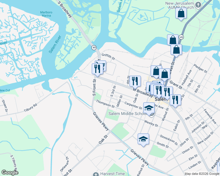 map of restaurants, bars, coffee shops, grocery stores, and more near 5 South 3rd Street in Salem