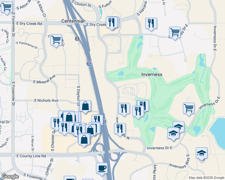 map of restaurants, bars, coffee shops, grocery stores, and more near 171 Inverness Drive West in Englewood