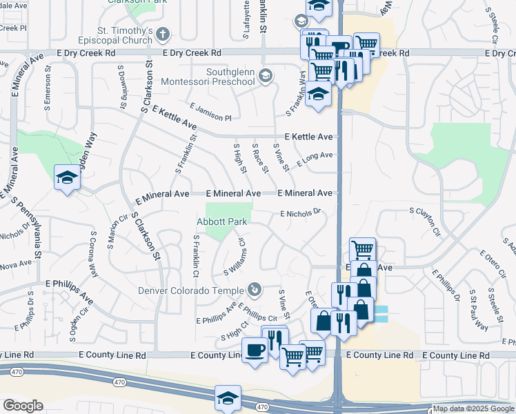 map of restaurants, bars, coffee shops, grocery stores, and more near 1921 East Nichols Drive in Centennial