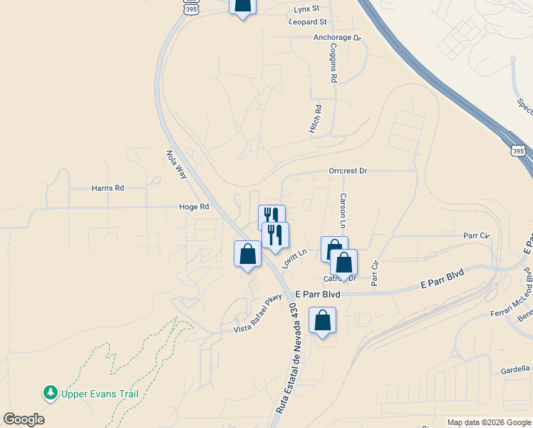 map of restaurants, bars, coffee shops, grocery stores, and more near 65 Walt Street in Reno