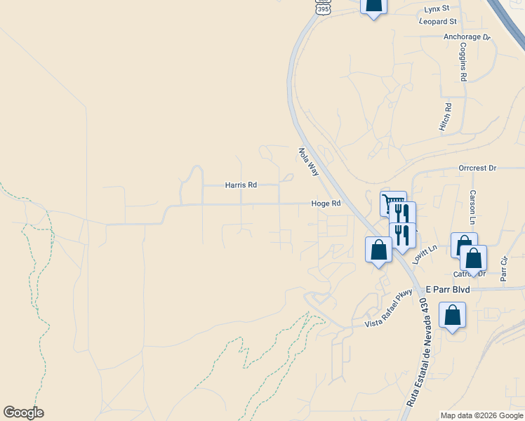 map of restaurants, bars, coffee shops, grocery stores, and more near 500 Hoge Road in Reno
