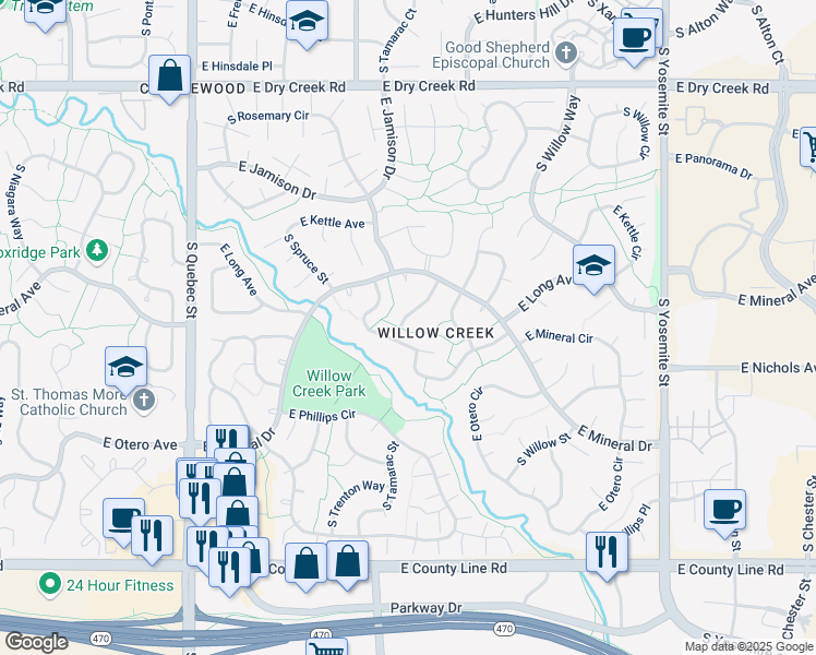 map of restaurants, bars, coffee shops, grocery stores, and more near 7944 South Trenton Street in Centennial