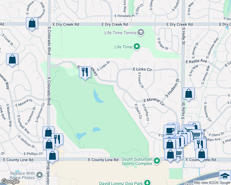 map of restaurants, bars, coffee shops, grocery stores, and more near 4858 East Mineral Circle in Centennial