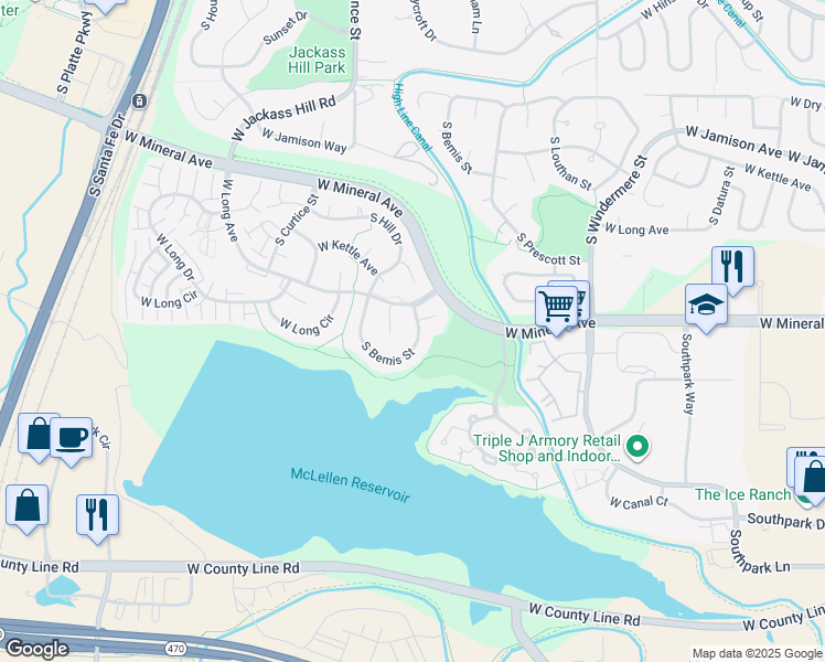 map of restaurants, bars, coffee shops, grocery stores, and more near 7968 South Bemis Place in Littleton