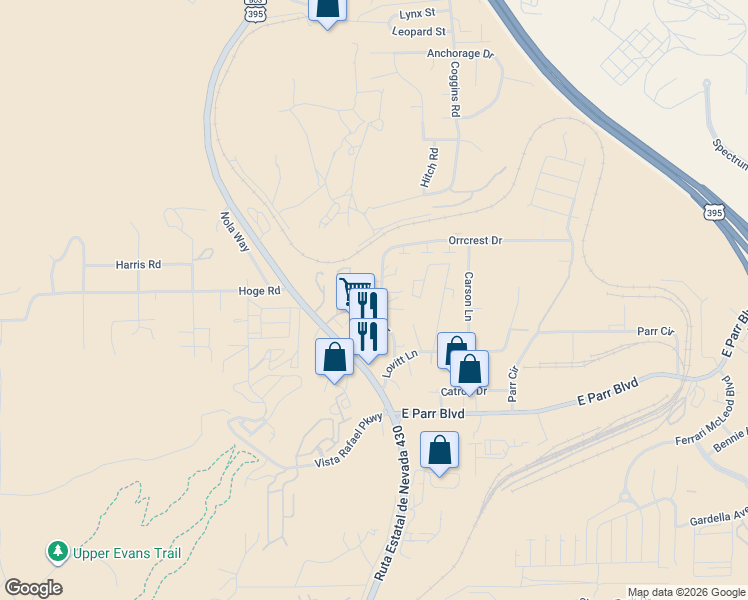 map of restaurants, bars, coffee shops, grocery stores, and more near 65 Walt Street in Reno