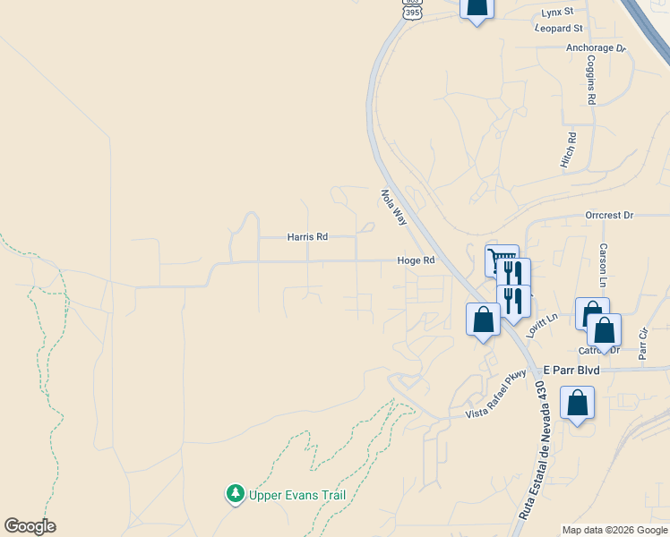 map of restaurants, bars, coffee shops, grocery stores, and more near 500 Hoge Road in Reno