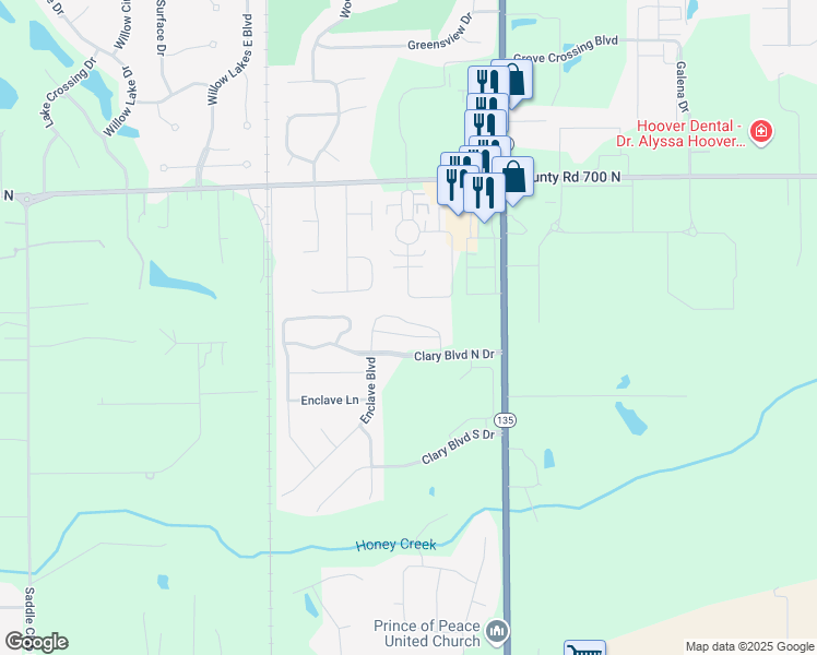 map of restaurants, bars, coffee shops, grocery stores, and more near 6598 Clary Circle North Drive in Greenwood