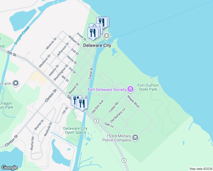 map of restaurants, bars, coffee shops, grocery stores, and more near 916 Reynolds Street in Delaware City