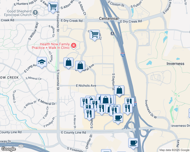 map of restaurants, bars, coffee shops, grocery stores, and more near 7917 South Chester Street in Centennial
