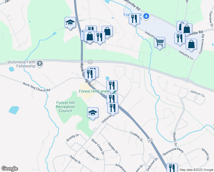 map of restaurants, bars, coffee shops, grocery stores, and more near 2003 Klein Plaza Dr in Forest Hill