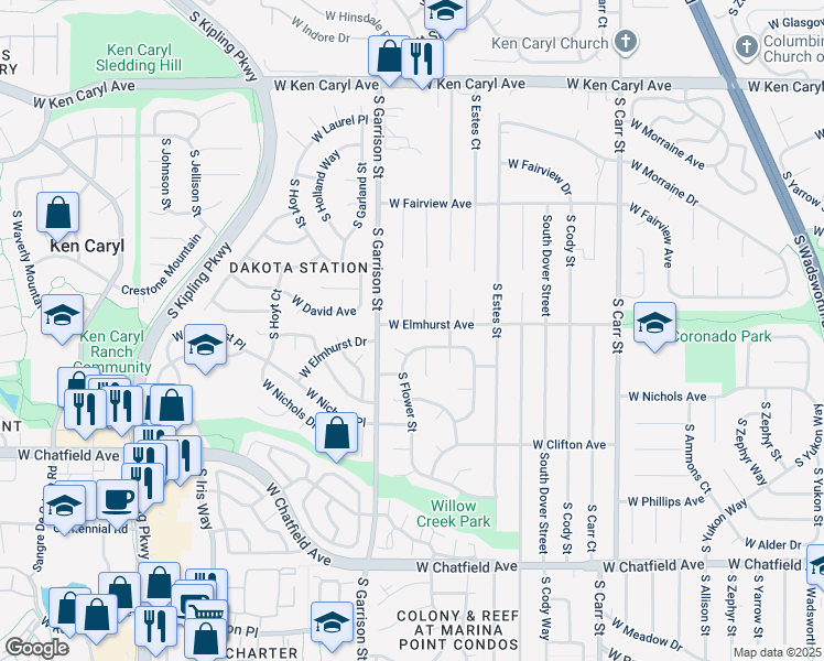 map of restaurants, bars, coffee shops, grocery stores, and more near 9086 West Elmhurst Avenue in Littleton