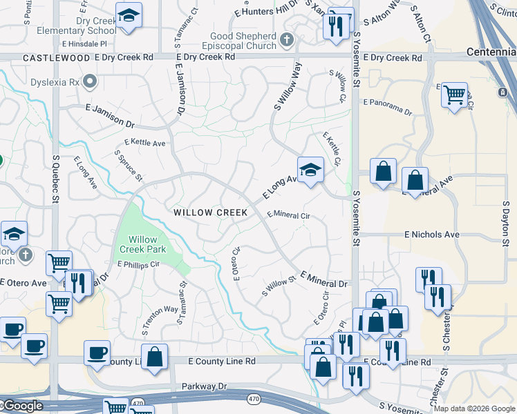 map of restaurants, bars, coffee shops, grocery stores, and more near 7901 South Vincennes Way in Centennial