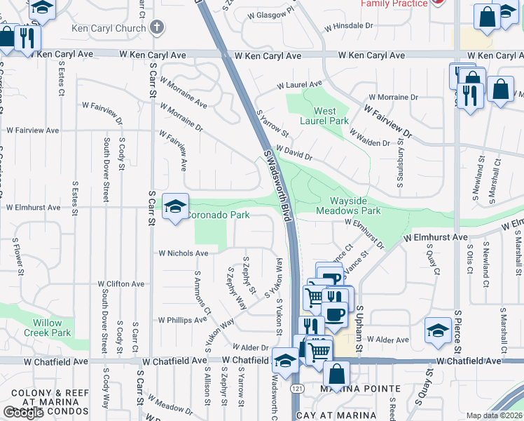 map of restaurants, bars, coffee shops, grocery stores, and more near 7864 West Friend Drive in Littleton