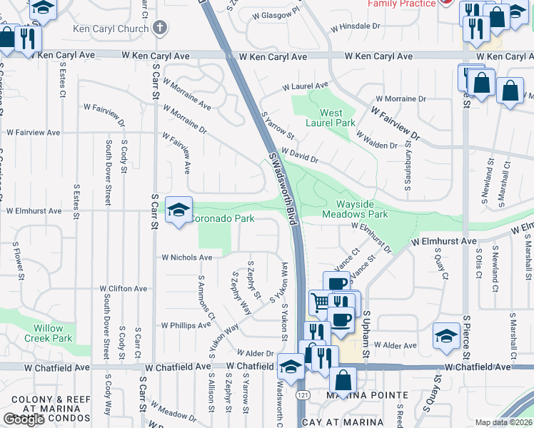 map of restaurants, bars, coffee shops, grocery stores, and more near 7864 West Friend Drive in Littleton
