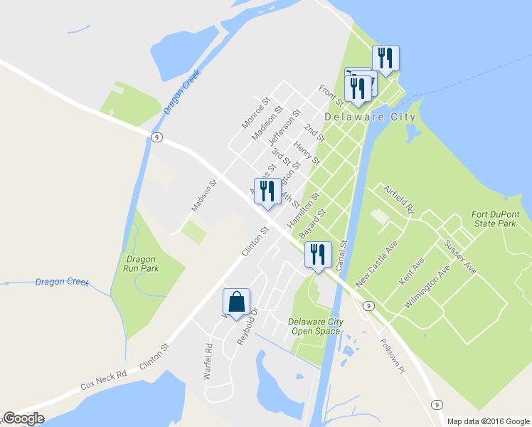 map of restaurants, bars, coffee shops, grocery stores, and more near 5 Clinton St in Delaware City