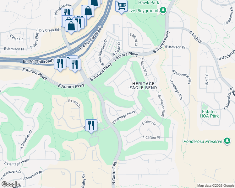 map of restaurants, bars, coffee shops, grocery stores, and more near 7871 South Algonquian Way in Aurora