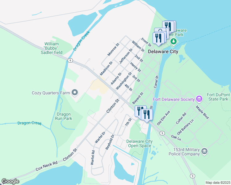 map of restaurants, bars, coffee shops, grocery stores, and more near Delaware 9 in Delaware City