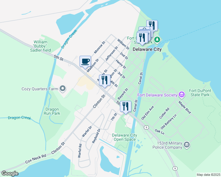 map of restaurants, bars, coffee shops, grocery stores, and more near in Delaware City