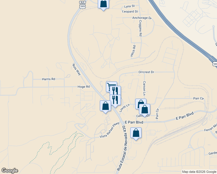 map of restaurants, bars, coffee shops, grocery stores, and more near 4950 North Virginia Street in Reno