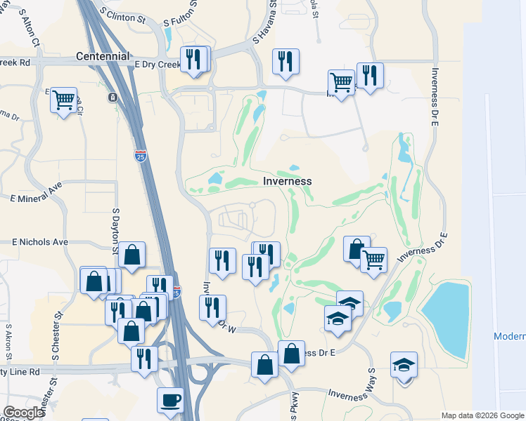 map of restaurants, bars, coffee shops, grocery stores, and more near 10400 Spring Green Drive in Englewood